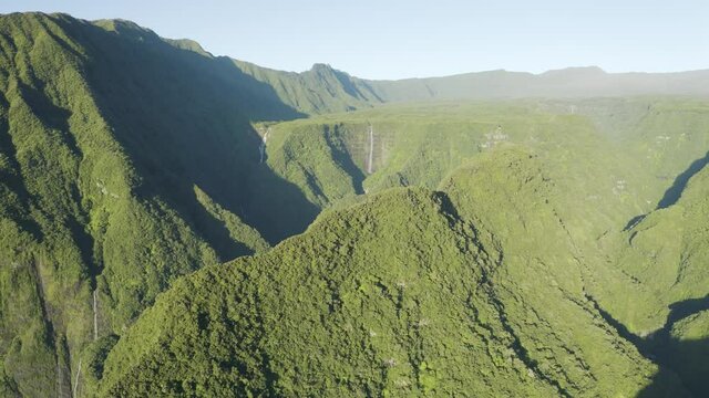 Aerial view of Cascata do Poco do Bacalhau, a beautiful waterfall in Faja Grande, Azores islands, Portugal.