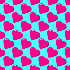 Seamless pattern of staggered pink hearts on a blue background. Vector illustration