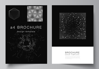 Vector layout of A4 cover design templates for brochure, flyer layout, booklet, cover design, book design. Black color technology background. Digital visualization of science, medicine, tech concept.