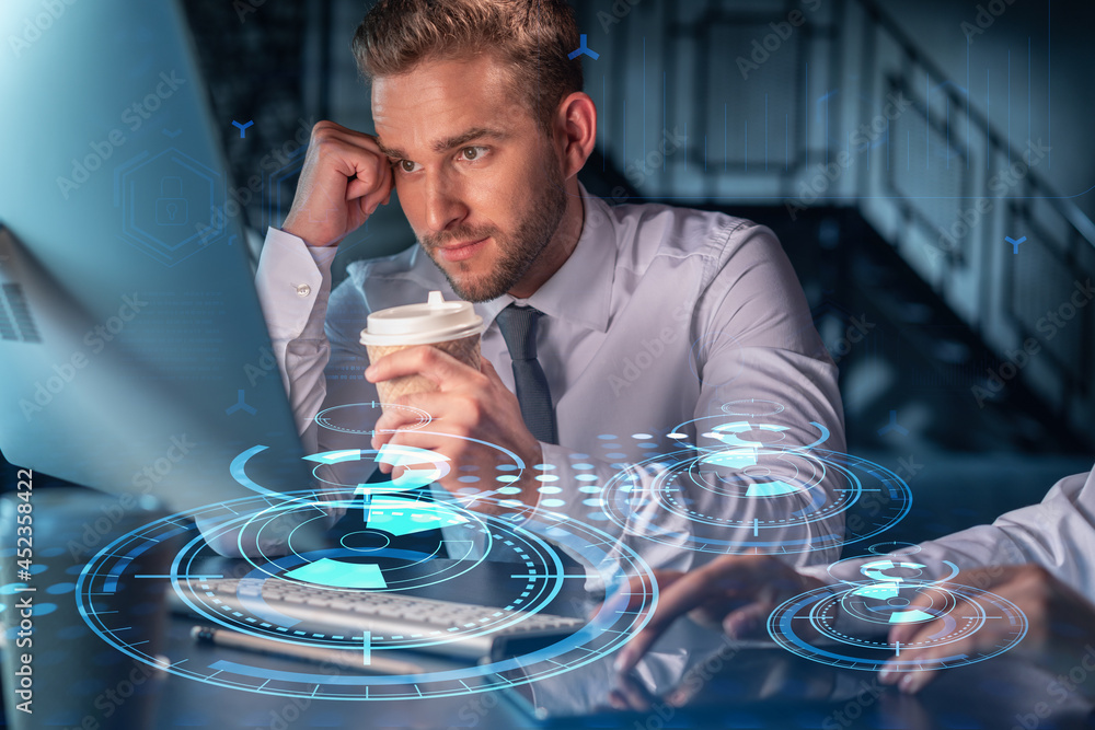 Poster two colleagues in formal wear working together to optimize business process by applying new technolo