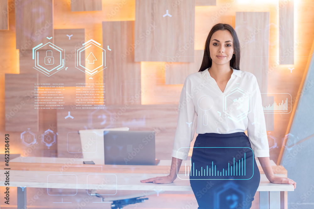 Poster portrait of attractive smiling businesswoman in formal wear thinking how to optimize business proces
