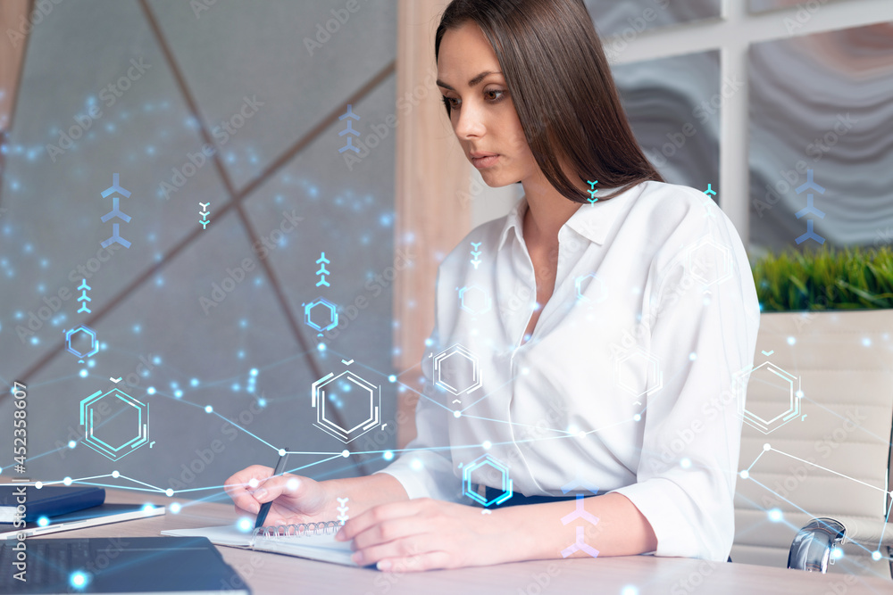 Poster portrait of attractive businesswoman in formal wear working with documents and thinking how to optim