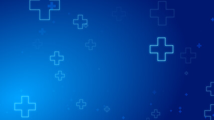 Medical health blue cross neon light shapes pattern healthcare technology background.
