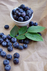 Freshly picked blueberries in a white bowl. Juicy and fresh blueberries with green leaves. Antioxidant. Healthy food concept. Healthy organic seasonal fruits background.