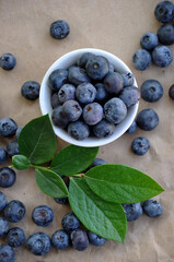 Freshly picked blueberries in a white bowl. Juicy and fresh blueberries with green leaves. Antioxidant. Healthy food concept. Healthy organic seasonal fruits background.