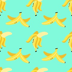 Obraz na płótnie Canvas Banana seamless pattern. Exotic tropical fresh fruit, whole and sliced, bananas peel, cartoon minimalistic style isolated blue background, decor textile wrapping paper wallpaper vector print