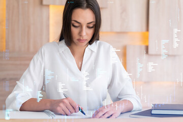 Portrait of attractive businesswoman in formal wear working with documents and thinking how to optimize trading strategy at corporate finance fund. Forex chart hologram over modern office background