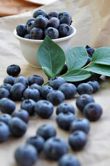Freshly picked blueberries in a white bowl. Juicy and fresh blueberries with green leaves. Antioxidant. Healthy food concept. Healthy organic seasonal fruits background.