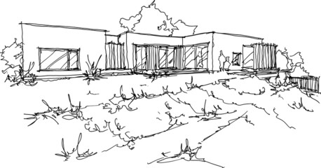 hand drawn architectural sketches of modern two story detached house with flat roof and people around