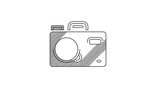 Black line Photo camera icon isolated on white background. Foto camera. Digital photography. 4K Video motion graphic animation