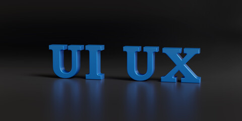 UI UX text in three dimensions on dark background. 3d illustration.