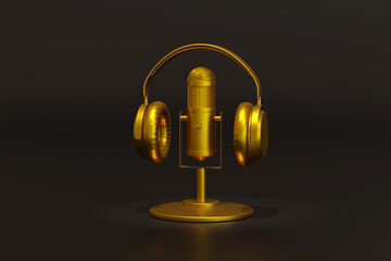 Golden Condenser microphone and headphones isolated on a dark background. Podcast concept. 3d illustration.