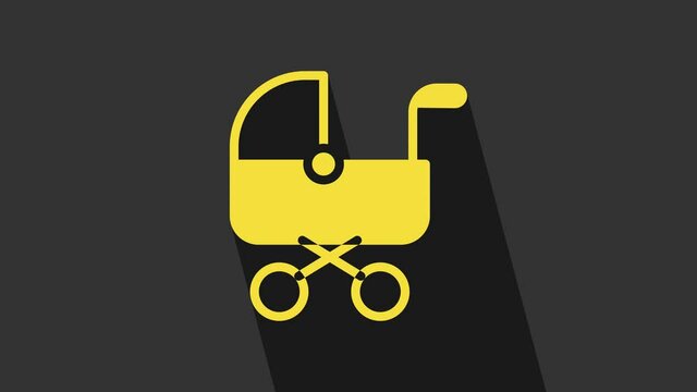 Yellow Baby stroller icon isolated on grey background. Baby carriage, buggy, pram, stroller, wheel. 4K Video motion graphic animation
