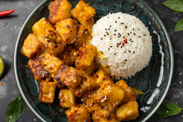 Mango Sticky tofu with jasmine rice and Thai basil