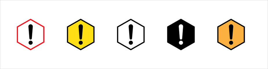 Hexagon exclamation mark icon vector set. Red, black, yellow and white colors variations. Caution attention warning symbol set.