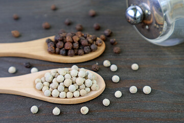 Closeup heap of White Peppercorns on Wooden Spoon with Blurry Black Peppercorns in the Backdrop