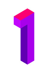 Purple number 1 in isometric style. Isolated on white background. Learning numbers, serial number, price, place.
