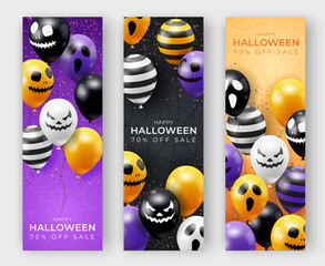 Three Halloween vertical banners with ghost balloons. Creepy scary faces on balloons. Decoration element for halloween celebration