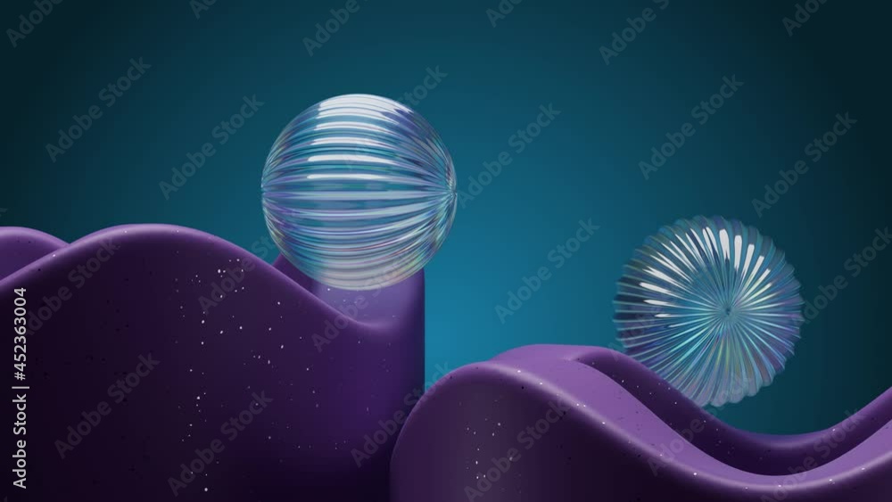 Poster 3d render of glass balls with dispersion and refraction on wavy purple stands. rich themed backgroun