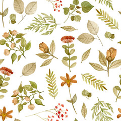 Seamless pattern with watercolor  vintage autumn plants