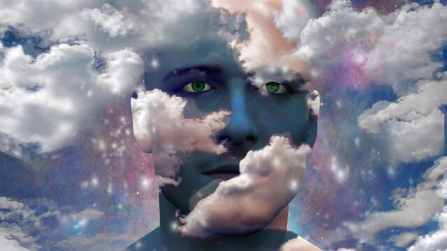 Mans head with stars and clouds