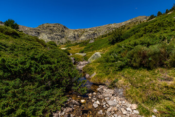 Fototapeta na wymiar A fresh water stream from the Peñalara mountains, the northern Mountain range of Madrid. Here you can taste pure water and refresh yourself during a hike in the hills