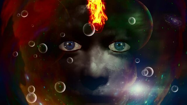 Woman face and fire in colorful space