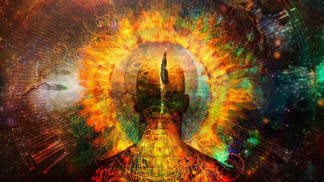 Burning aura. Man with flamed halo