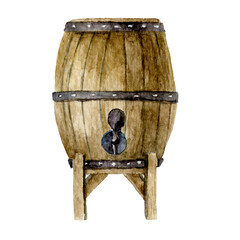 Watercolor Beer Wooden Barrel on white isolated background. A Keg for storing alcoholic beverages - Wine, Rum, ale. Hand painted Illustration in Retro style for logo or october fest design