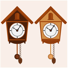 Clock set with pendulum and cuckoo. Two options, dark and light vector illustration.