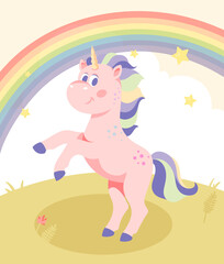 Beautiful pink unicorn. Fabulous character with multicolored mane and horn. Children card, poster, covers and wall decoration. Cartoon modern flat vector illustration with rainbow and clouds