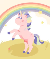Tuinposter Beautiful pink unicorn. Fabulous character with multicolored mane and horn. Children card, poster, covers and wall decoration. Cartoon modern flat vector illustration with rainbow and clouds © Rudzhan