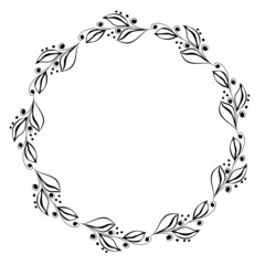 Wreath hand drawn leaves, round black floral frame