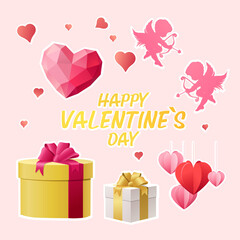 Valentines Day Stickers. Beautiful hearts, gifts, cupids and inscription with white frame. Design elements for greeting cards, and covers. Cartoon flat vector collection isolated on pink background