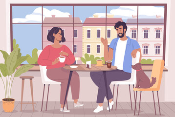 Cute man and woman sitting in the pet friendly coffee shop with their cute dog