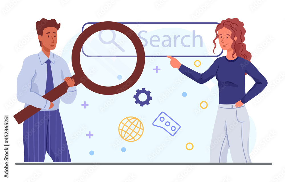 Poster search for information on internet concept. woman and man enter query in search bar of browser. empl