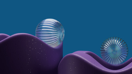 3d render of glass balls with dispersion and refraction on wavy purple stands. Rich themed background.