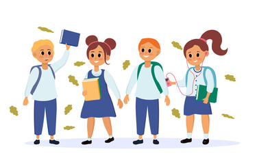 Collection of young schoolchildren. Boys and girls in school uniforms with books and backpacks go to class. Poster with friends and autumn leaves. Cartoon flat vector set isolated on white background