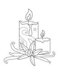 Candles And Vanilla - Aromatherapy, Antistress - vector linear illustration with zentangles for coloring. Outline. Scented candles with flower and vanilla pods - element for coloring book.