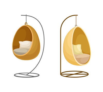 Wicker hanging swing chairs with cushions set vector illustration