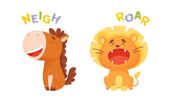Cute baby animals making sounds set. Horse and lion saying neigh and roar vector illustration