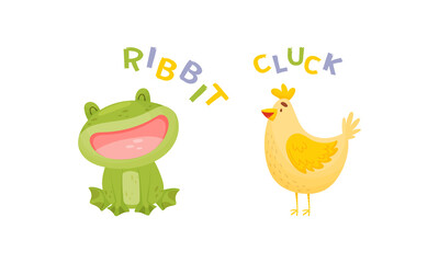Cute baby animals making sounds set. Frog and hen saying ribbit and cluck vector illustration