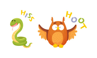 Cute baby animals making sounds set. Snake and owl saying hiss and hoot vector illustration