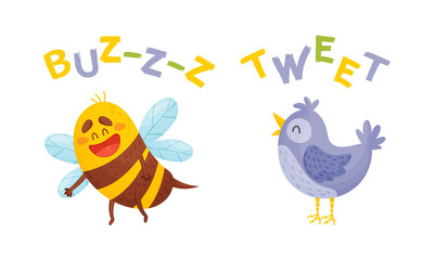 Cute baby animals making sounds set. Bee and bird saying vector illustration