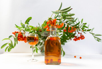 rowan berry tincture in glass and bottle with rowanberry branhes bouquet in vase on white background