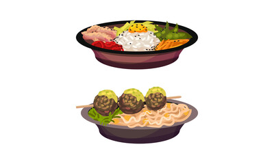 Plates of asian food set. Traditional national dishes vector illustration