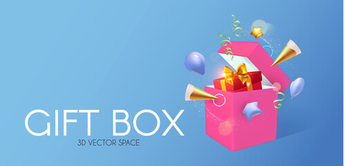 Fototapeta premium 3d realistic gift box with gold bow and flying balloons. Opened and closed. Birthday and sale render design.
