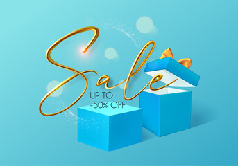Sale banner with 3d realistic text and gift box.