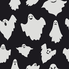 Halloween seamless patterns with cute ghosts on a dark background. Holiday, spooky vector illustration.