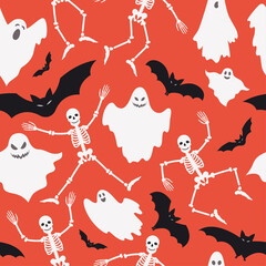 Halloween seamless patterns with bats, skeletons and ghosts on an orange background. Holidays, festive, cartoon vector illustration.